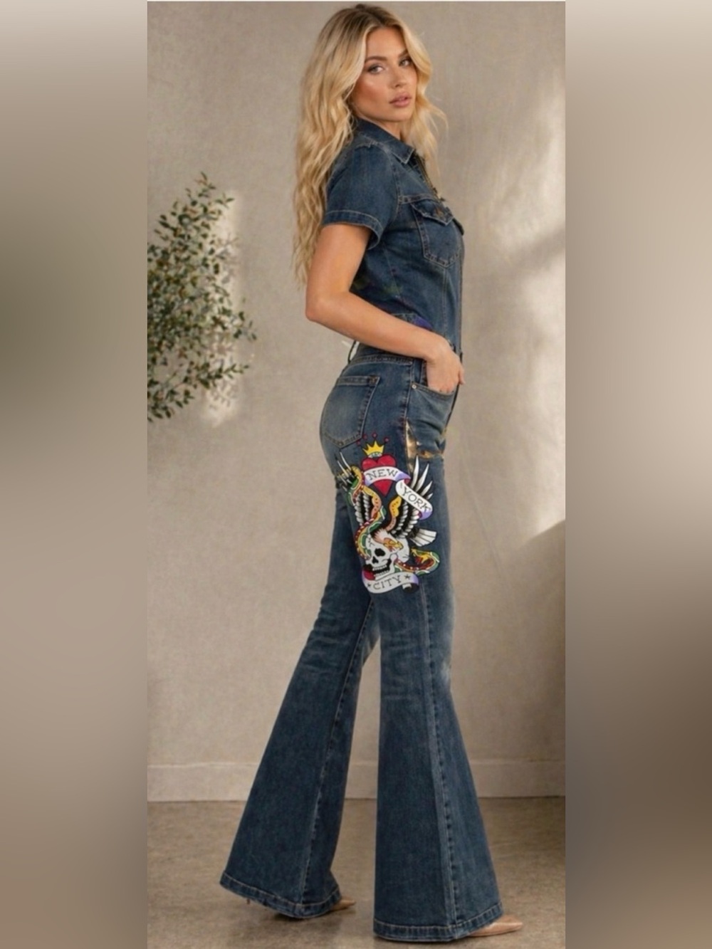 Ed Hardy Embroidered Dark Blue Women’s Coveralls with Graphic Patch